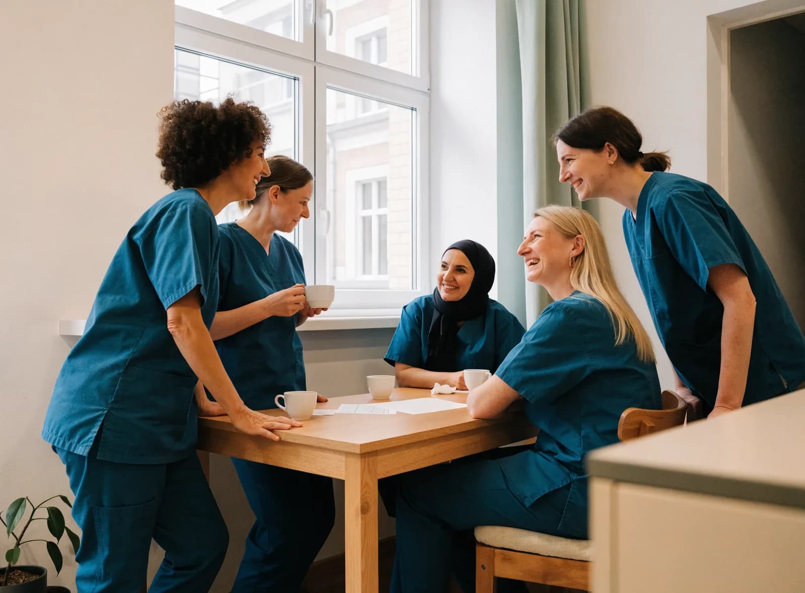 Ein Team von Pflegekräften unterschiedlicher Herkunft im Gespräch in einem hellen Büro.